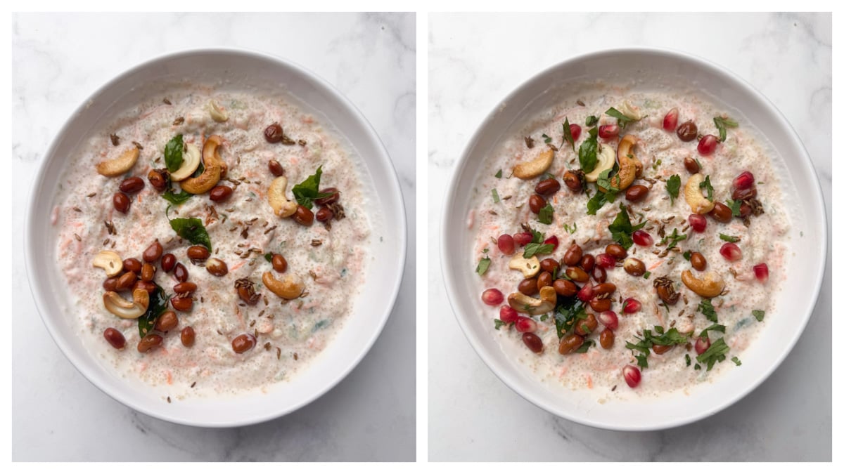 Step to add the tempering on the rajgira curd bowl along with pomegranate and coriander leaves collage.