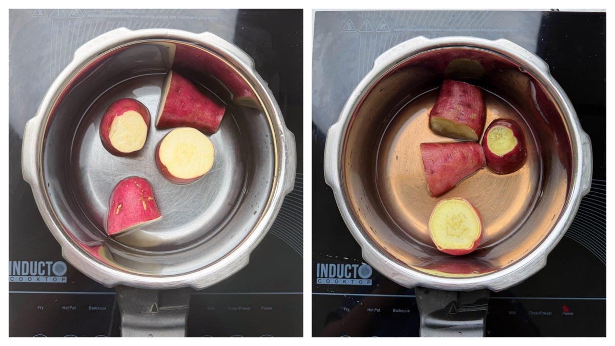 Step to boil the sweet potatoes in the pressure cooker collage