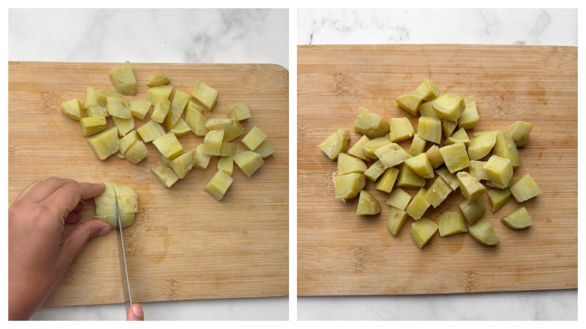 Step to cut the boiled sweet potatoes on the wooden chopping board using a knife collage.