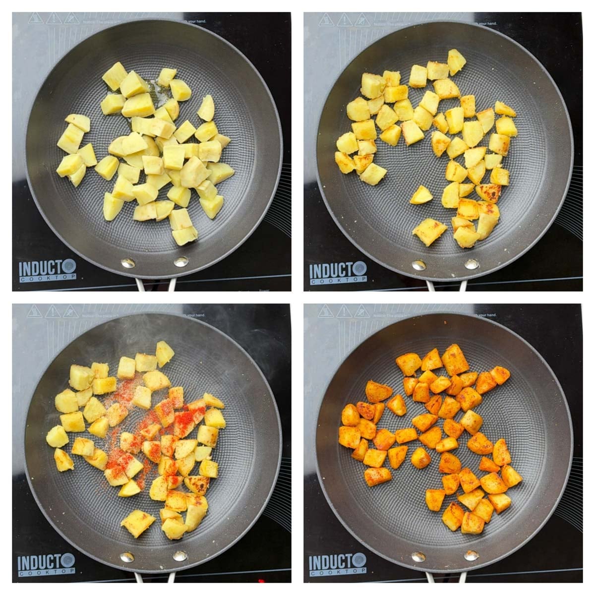 Step to roast the potatoes along with spices till crispy collage