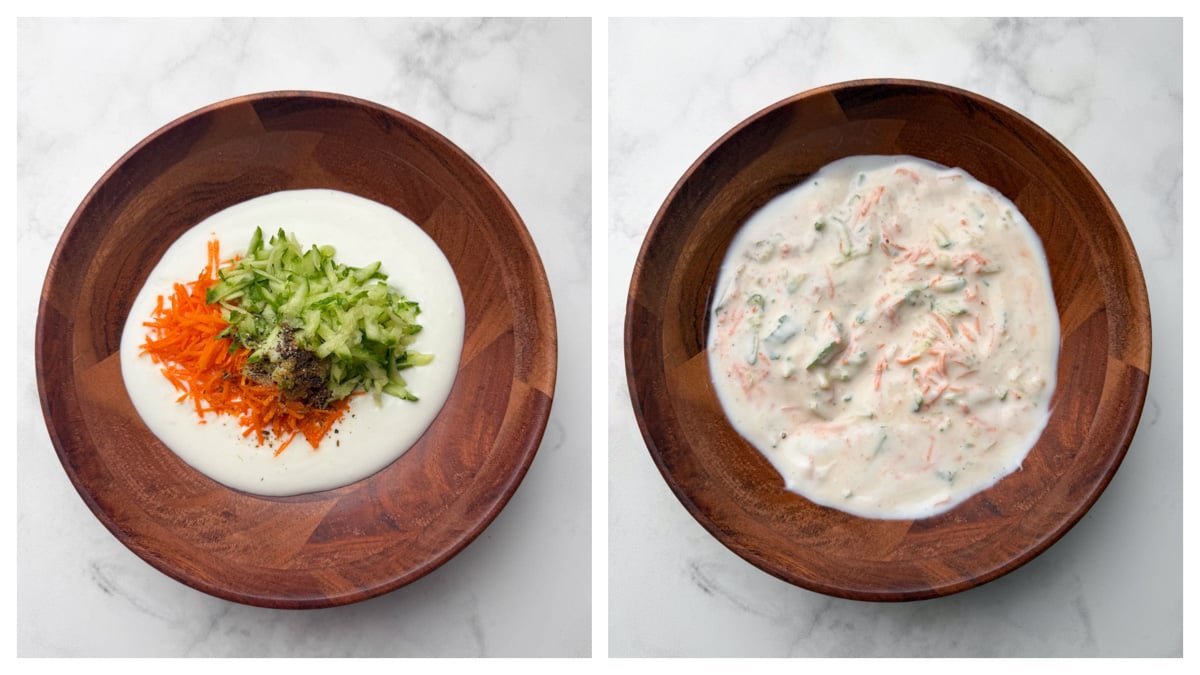Step to add veggies like shredded cucumber, carrot to the whisked yogurt in a wooden bowl collage