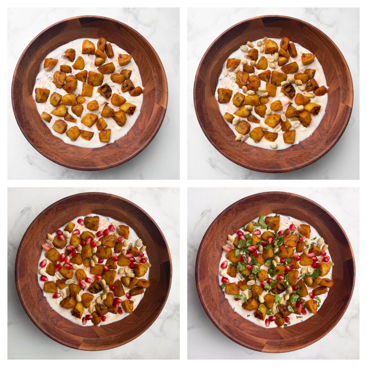 Step to add roasted potatoes, peanuts, pomegrante and coriander leaves on the creamy curd mixture collage